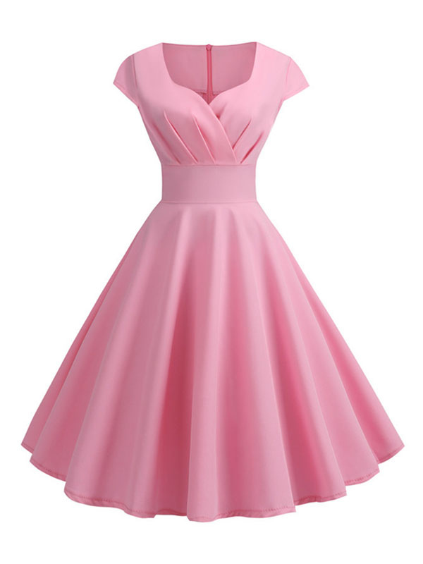 Moda Mujer Vestidos | Vestido de verano Vestido a media pierna de playa de manga corta con cuello en V rosa - GT79446