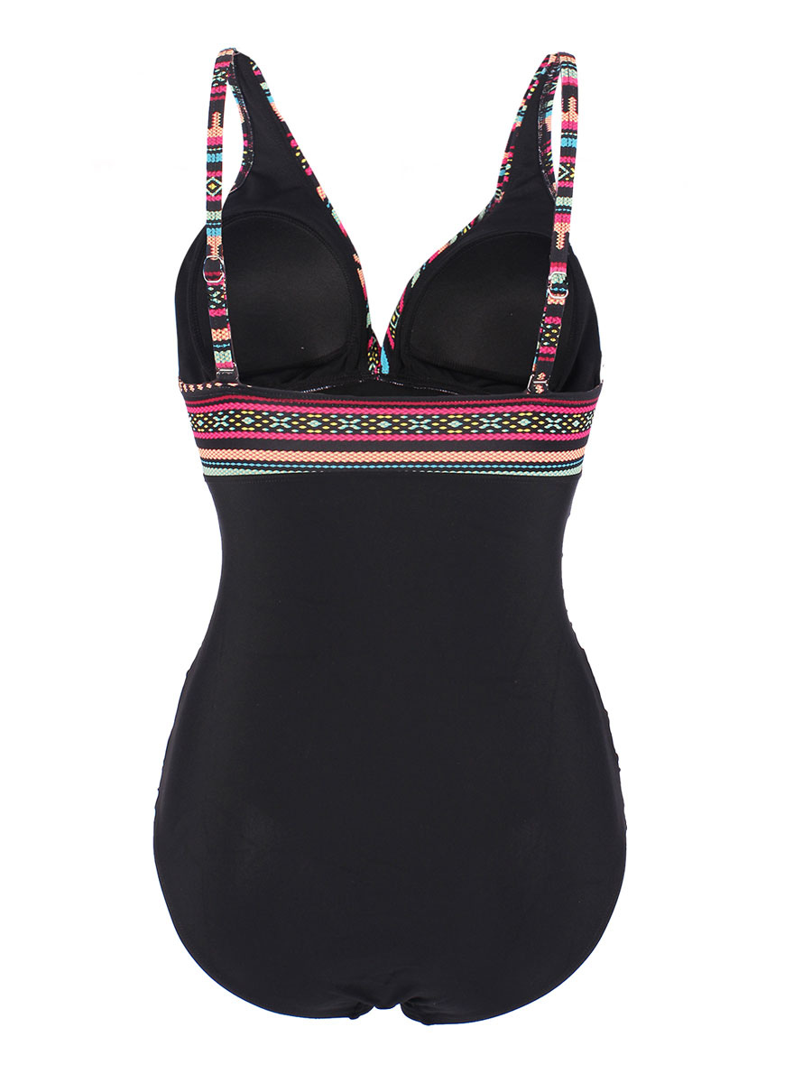 Une Pièce Maillot de Bain Imprimé avec Bretelles à Col Décolleté en V Coupe Cintrée Bicolores
