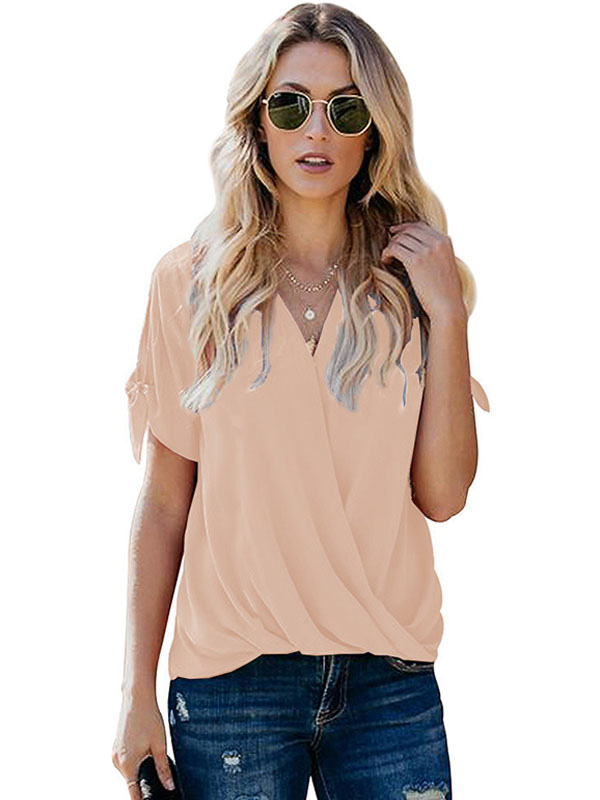 Mode Femme Tops | Chemisier d'été pour femmes col en V manches courtes léger abricot Polyester T-shirt décontracté pour femmes - XF07602
