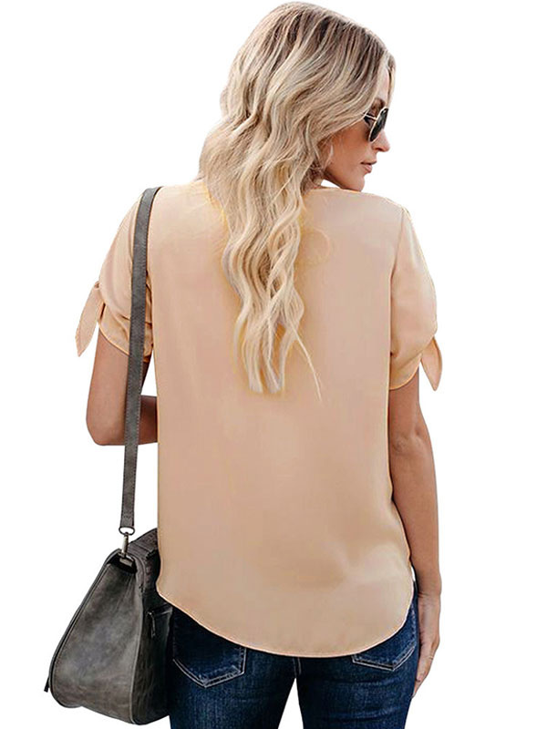 Mode Femme Tops | Chemisier d'été pour femmes col en V manches courtes léger abricot Polyester T-shirt décontracté pour femmes - XF07602