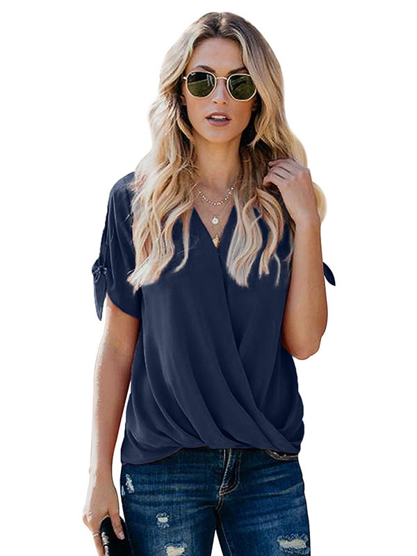 Women's Clothing Tops | Summer Blouse For Women V-Neck Short Sleeves Light Apricot Polyester Casual Women T-Shirt - XD77352