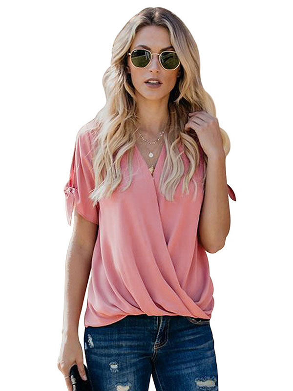 Women's Clothing Tops | Summer Blouse For Women V-Neck Short Sleeves Light Apricot Polyester Casual Women T-Shirt - XD77352