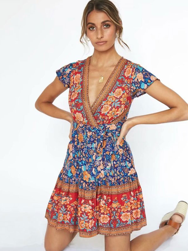 Boho Summer Dress Women V-Neck Printed ...