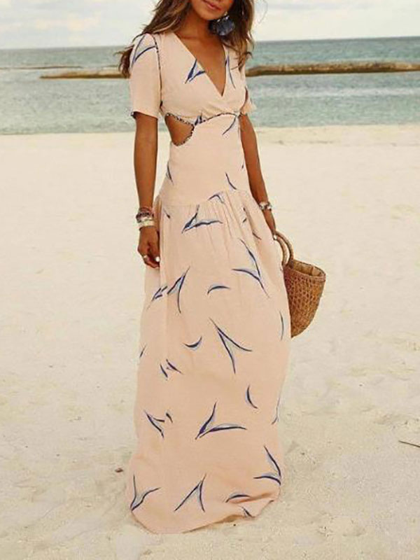 Women's Clothing Dresses | Maxi Dresses Short Sleeves Nude Printed V-Neck Pleated Maxi Irregular Cotton Long Dress - OF19350