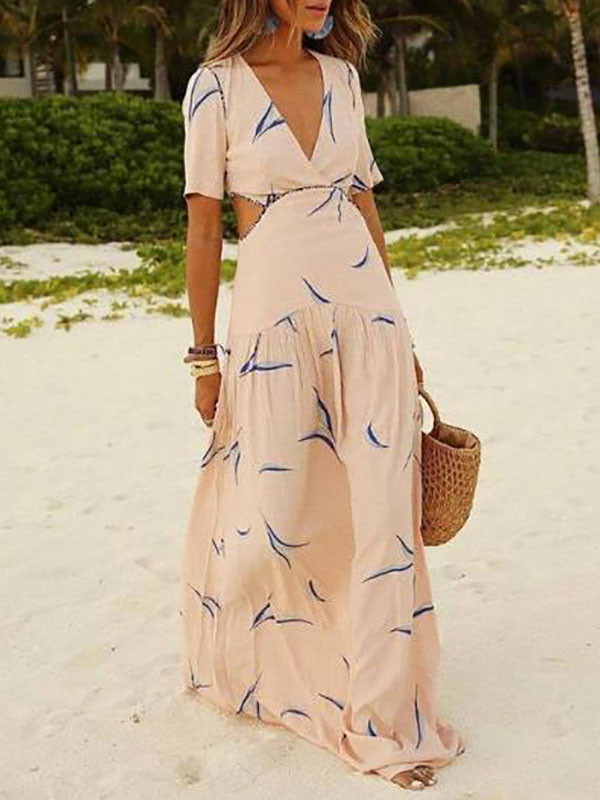 Women's Clothing Dresses | Maxi Dresses Short Sleeves Nude Printed V-Neck Pleated Maxi Irregular Cotton Long Dress - OF19350