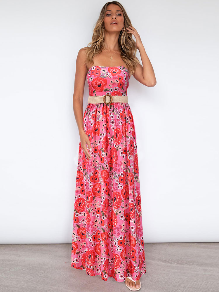 Women's Clothing Dresses | Maxi Dresses Sleeveless Rose Printed Straps Neck Sash Oversized Polyester Floor Length Dress - FH9652