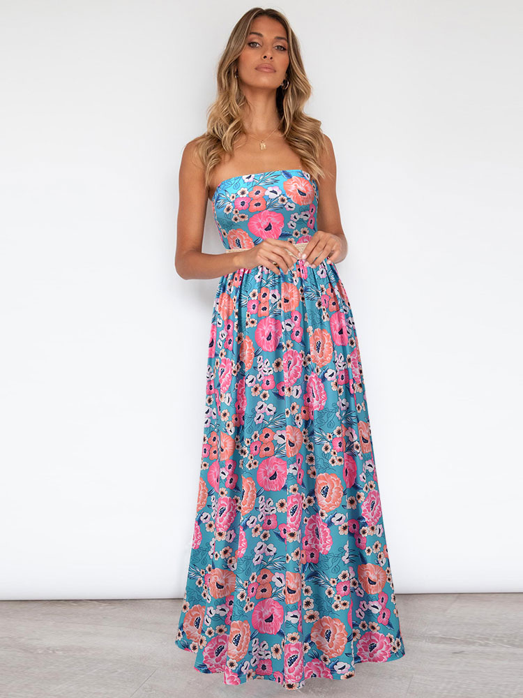 Women's Clothing Dresses | Maxi Dresses Sleeveless Rose Printed Straps Neck Sash Oversized Polyester Floor Length Dress - FH9652