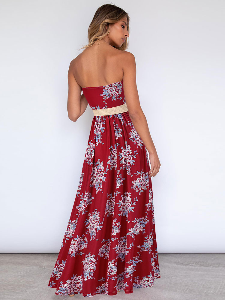 Women's Clothing Dresses | Maxi Dresses Sleeveless Rose Printed Straps Neck Sash Oversized Polyester Floor Length Dress - FH9652