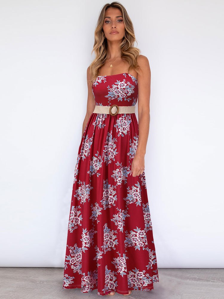Women's Clothing Dresses | Maxi Dresses Sleeveless Rose Printed Straps Neck Sash Oversized Polyester Floor Length Dress - GQ66053
