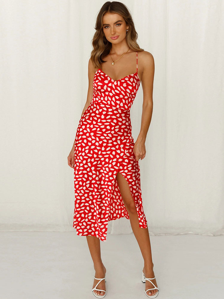 Women's Clothing Dresses | Summer Dress Straps Neck Printed Pattern Split Front Open Shoulder Red Long Beach Dress - KJ91633