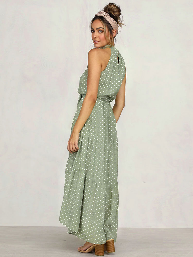 Women's Clothing Dresses | Maxi Dresses Sleeveless Grey Green Polka Dot Pattern High Collar Lace Up Open Shoulder Polyester Floo