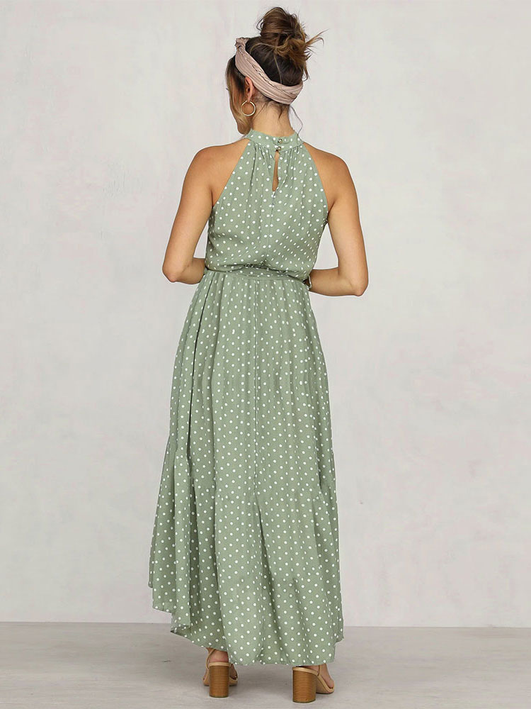 Women's Clothing Dresses | Maxi Dresses Sleeveless Grey Green Polka Dot Pattern High Collar Lace Up Open Shoulder Polyester Floo