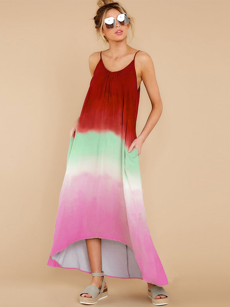 Women's Clothing Dresses | Deep Blue Maxi Dresses Sleeveless Tie Dye Straps Neck Pleated Oversized Polyester Long Dress - XH0435