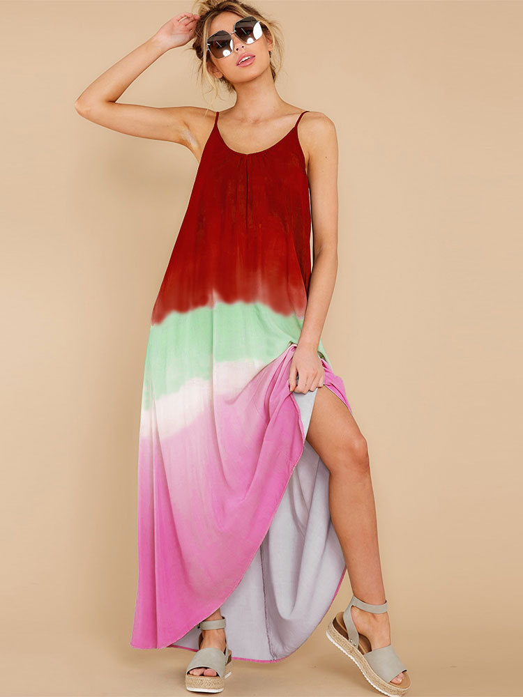 Women's Clothing Dresses | Deep Blue Maxi Dresses Sleeveless Tie Dye Straps Neck Pleated Oversized Polyester Long Dress - XH0435