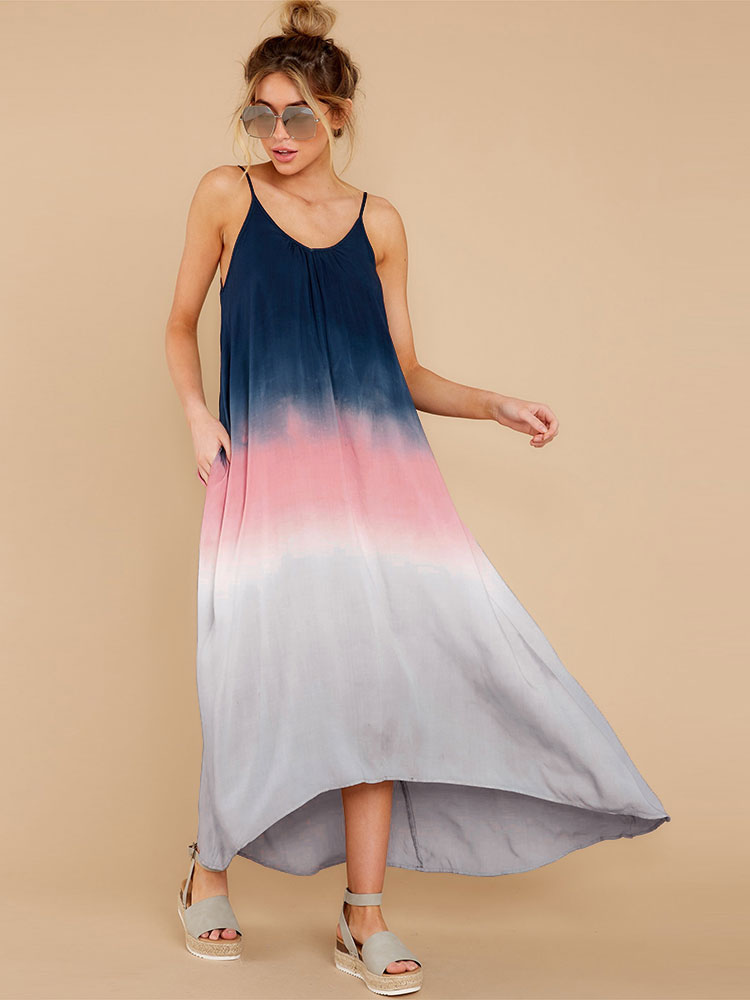 Women's Clothing Dresses | Deep Blue Maxi Dresses Sleeveless Tie Dye Straps Neck Pleated Oversized Polyester Long Dress - ZF58412