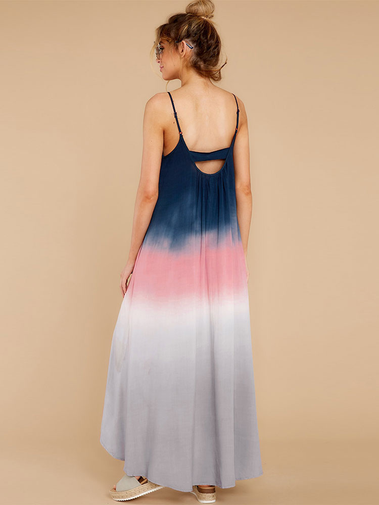 Women's Clothing Dresses | Deep Blue Maxi Dresses Sleeveless Tie Dye Straps Neck Pleated Oversized Polyester Long Dress - XH0435