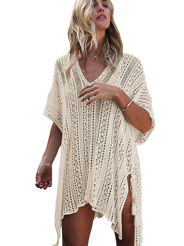 Moda Mujer Trajes de baño | Traje de baño de playa de verano de algodón elástico con cuello en V y medias mangas con pompones blancos crudos para mujer - VF82330