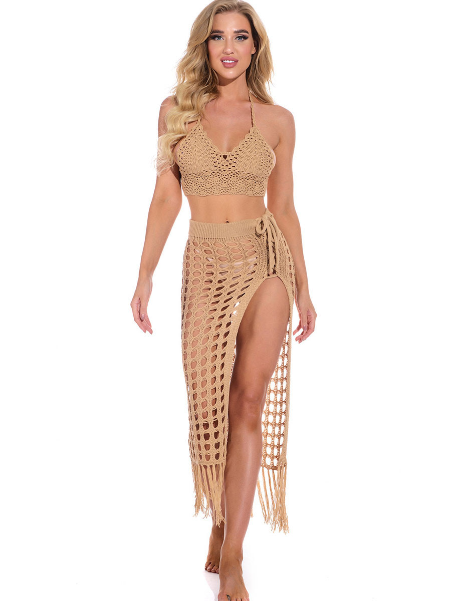 Moda Mujer Trajes de baño | Encubrimientos para mujer de color caqui recortado de algodón elástico sexy traje de baño de playa de verano - TJ25942