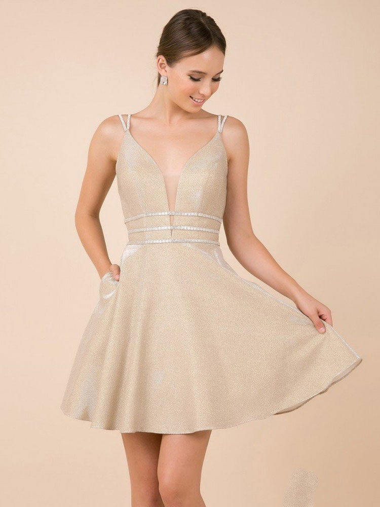 Wedding & Events Occasion Dresses | Champagne Homecoming Dress 2022 Polyester V-Neck A-Line Sleeveless Backless Beaded Short Par