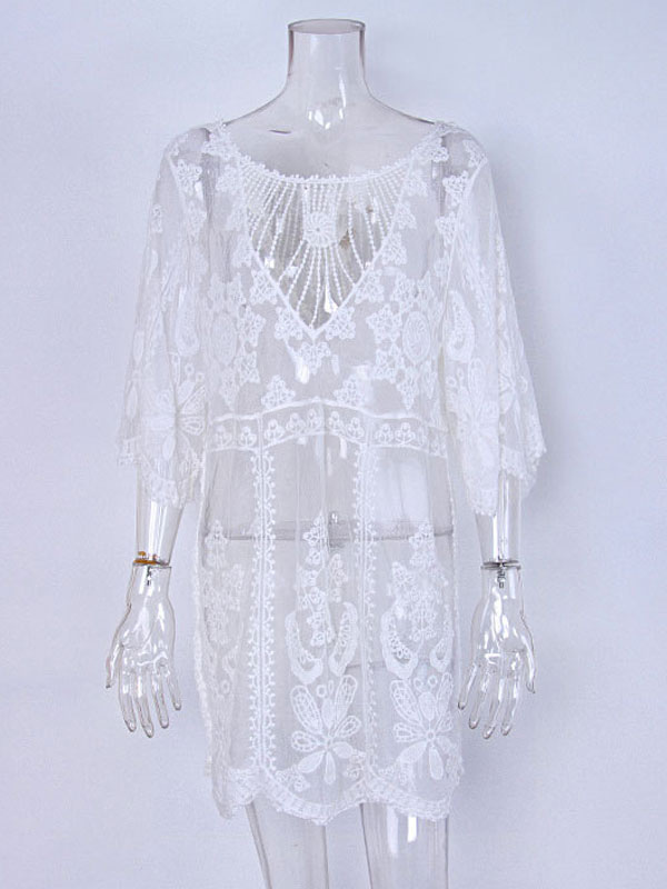 Women's Clothing Swimsuits & Cover-Ups | Cover Ups White Pleated Jewel Neck Half Sleeves Convertible Lace - PL88509
