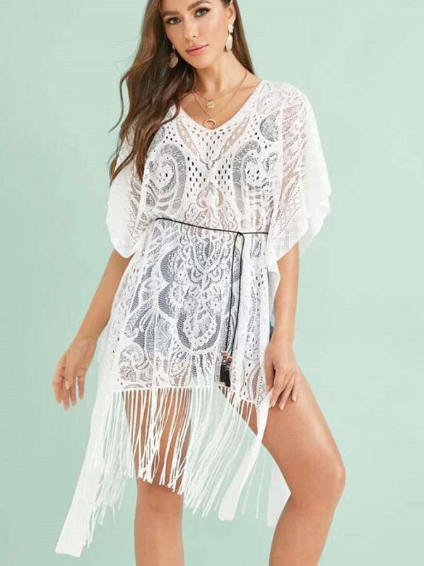 Women's Clothing Swimsuits & Cover-Ups | Cover Ups White Lace V Neck Half Sleeves Stretch Polyester Summer Beach Bathing Suits For Women - LY46023