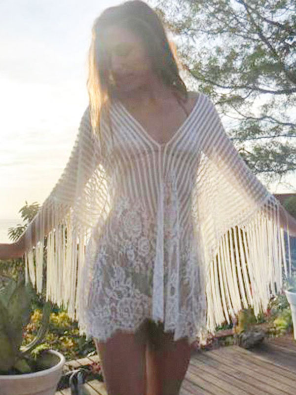 Mode Femme Maillot de Bain Femmes | Couverture blanche pour les femmes en dentelle col en V demi-manches extensible acrylique maillots de bain d'été de plage - XR65817