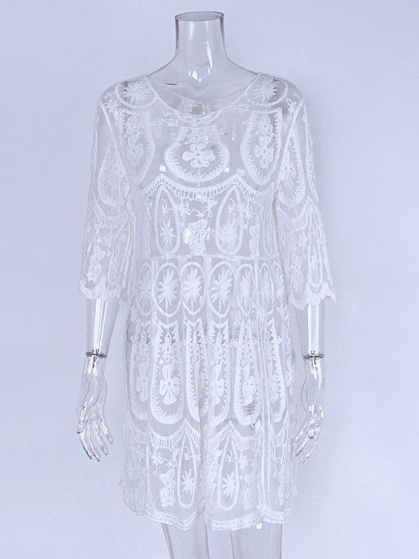Mode Femme Maillot de Bain Femmes | Couverture blanche pour les femmes plissées col en V demi-manches surdimensionnées en dentelle d'été plage - VG41959