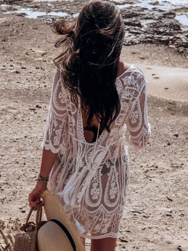Mode Femme Maillot de Bain Femmes | Couverture blanche pour les femmes plissées col en V demi-manches surdimensionnées en dentelle d'été plage - VG41959