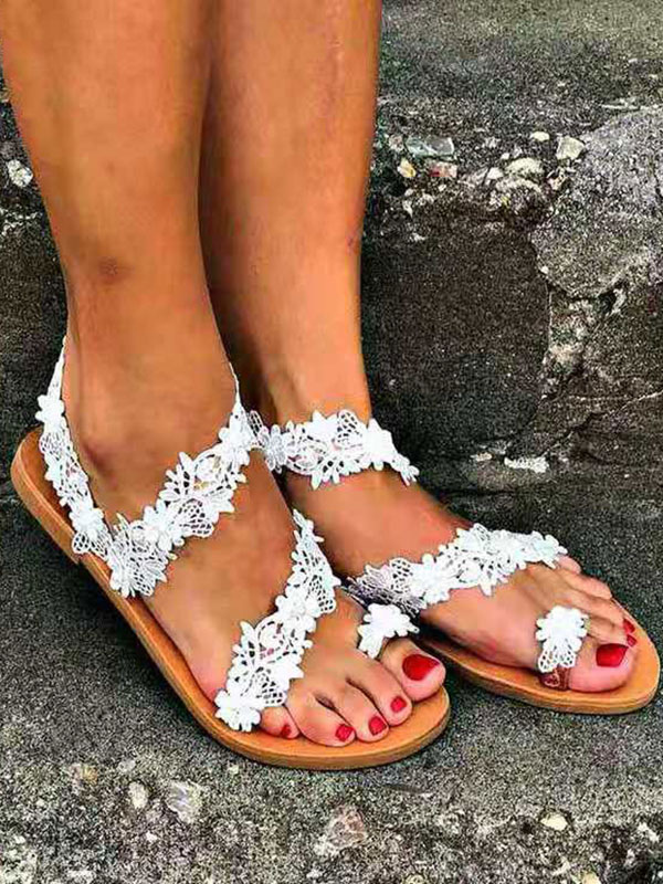 Sandalias planas de boda Zapatos cómodos de novia con encaje de flores Zapatos de mujer de piso para boda en playa -