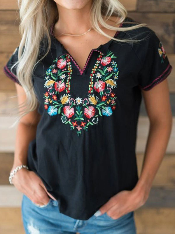 Mode Femme Tops | T-shirt Court Femme Imprimés Fleuries Décontracté à Col V avec Manches Courtes Décontracté Unicolore - ET08438