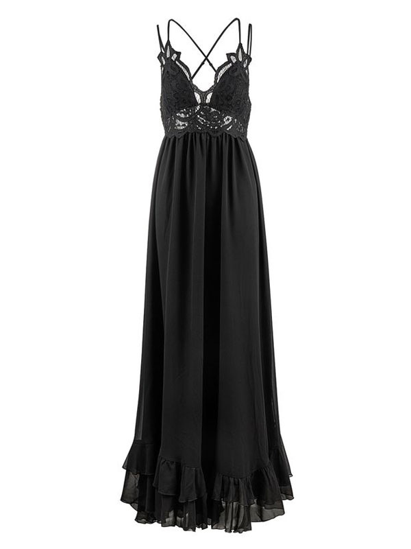 Women's Clothing Dresses | Maxi Dresses Sleeveless Black Straps Neck Maxi Lace Floor Length Dress - WM52875