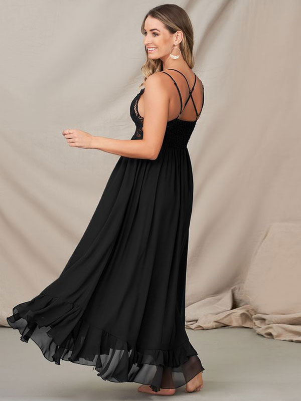 Women's Clothing Dresses | Maxi Dresses Sleeveless Black Straps Neck Maxi Lace Floor Length Dress - WM52875