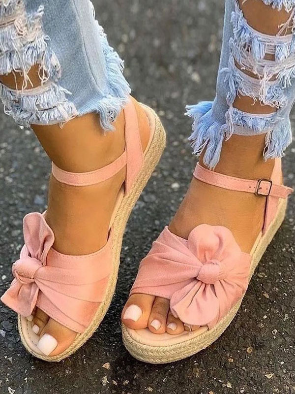 Chaussures Chaussures femme | Sandales compensées sandales plates rose en terry boucle métal réglable décoré de noeud - YB45900