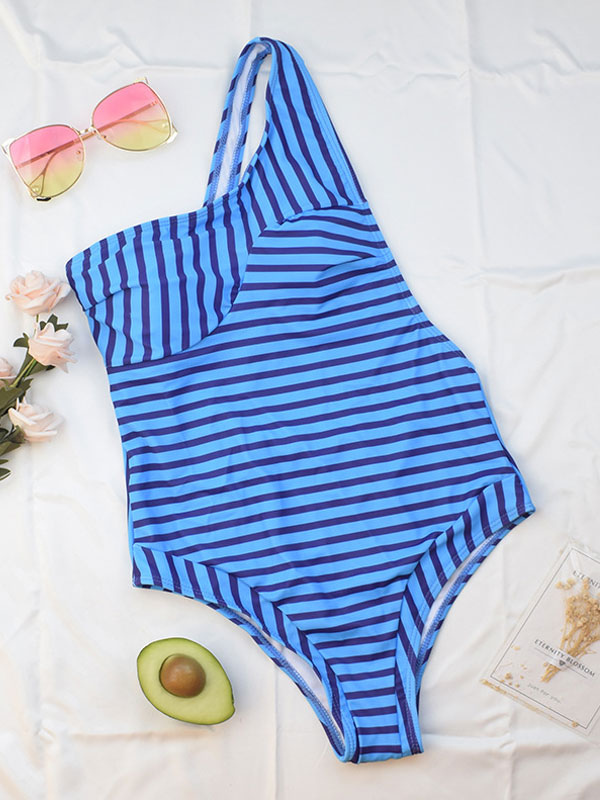 Women's Clothing Swimsuits & Cover-Ups | One Piece Swimsuits Blue Others Stripes Pleated One Shoulder Irregular High Waisted Bathing Suits For Women - YG27735