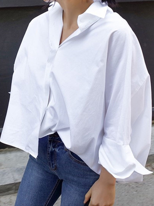 shirt for women White Turndown Collar Casual Long Sleeves Polyester ...