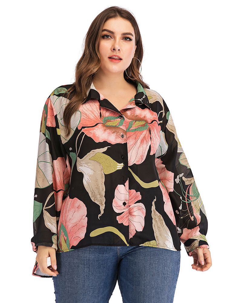 Plus Size Black Shirt For Women Floral Print Pattern Turndown Collar ...