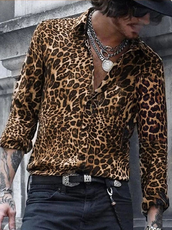 Men's Clothing Shirts | Man's Casual Shirt Turndown Collar Simple Oversized Leopard Print Coffee Brown Men's Shirts - TC25710
