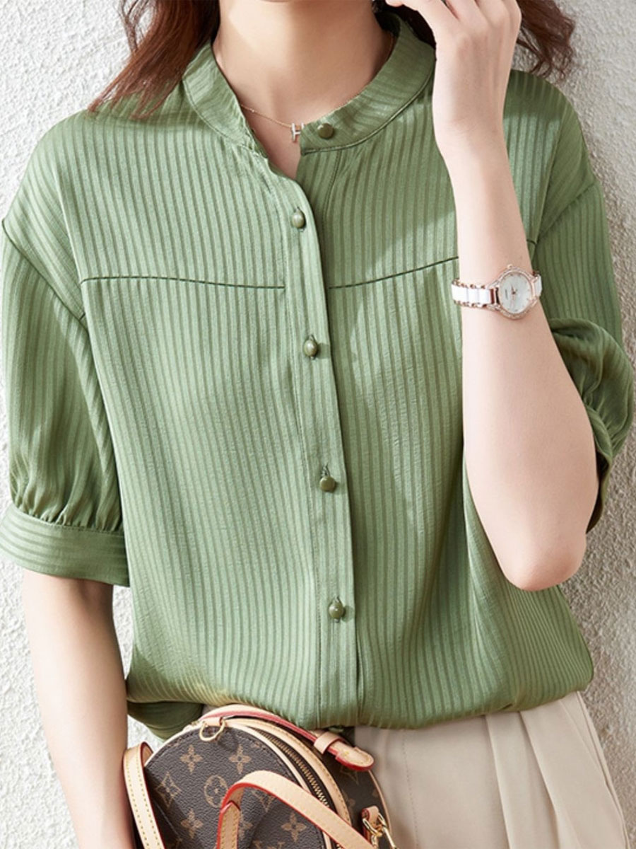 blouse for women Hunter Green Jewel Neck Casual Short Sleeves Polyester