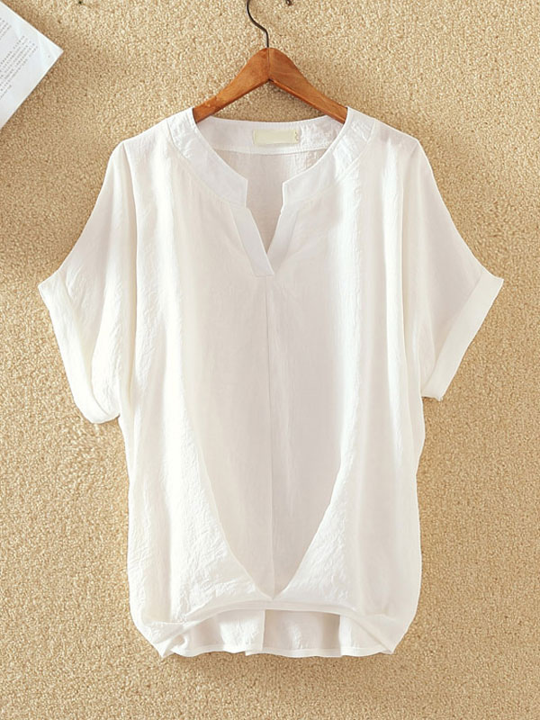 shirt for women White Polyester V-Neck Classic Short Sleeves Tops ...