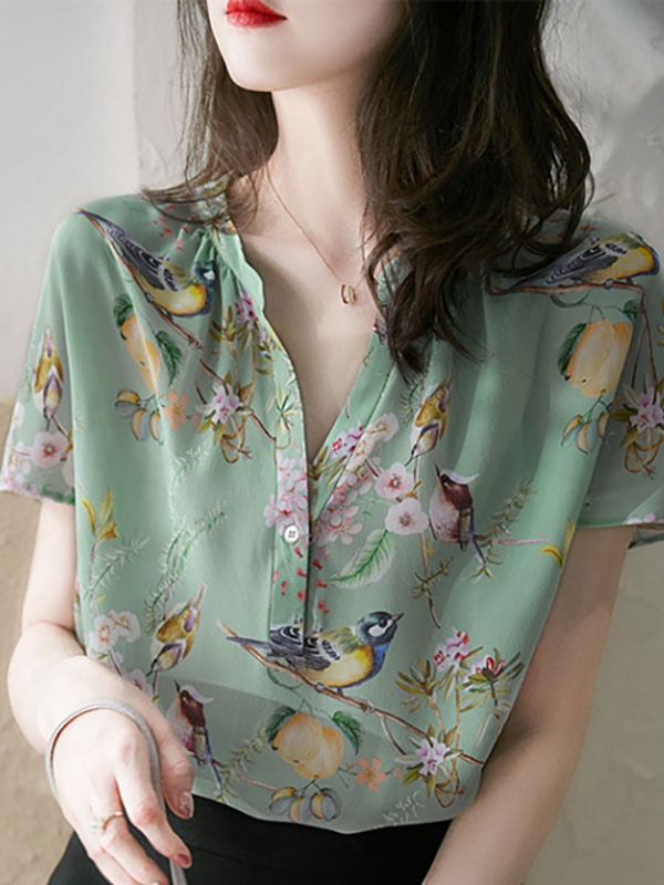 blouse for women Sage Printed VNeck Casual Short Sleeves Polyester