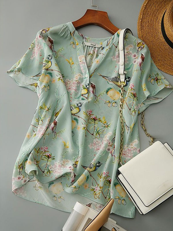 blouse for women Sage Printed V-Neck Casual Short Sleeves Polyester ...