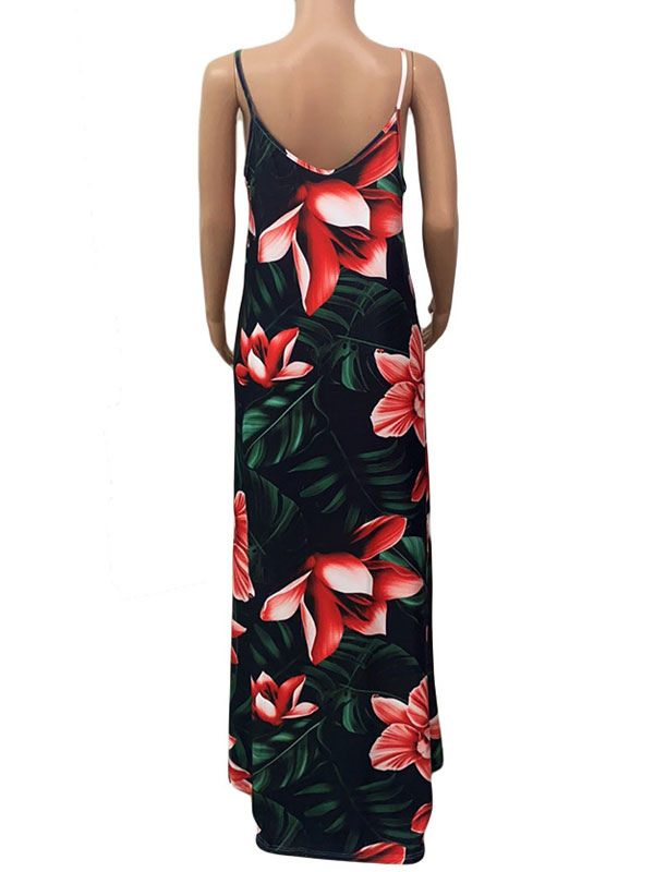 Women's Clothing Dresses | Maxi Dresses Sleeveless Green Floral Print Jewel Neck Pleated Backless Polyester Floor Length Dress -