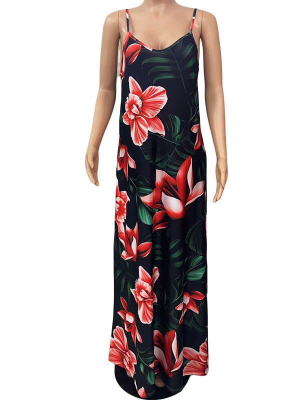 Women's Clothing Dresses | Maxi Dresses Sleeveless Green Floral Print Jewel Neck Pleated Backless Polyester Floor Length Dress -