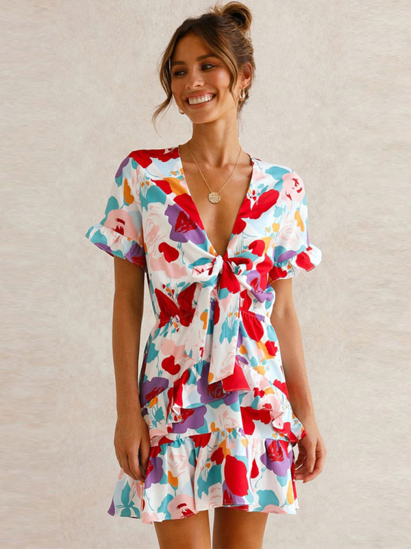 Women's Clothing Dresses | Red Summer Dress V-Neck Floral Print Ruffles Layered Red Extra Short Beach Dress - QS70892
