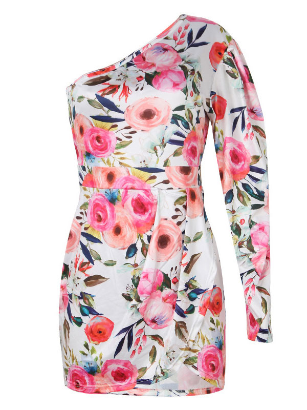 Women's Clothing Dresses | Summer Dress One Shoulder Split Front Floral Print Polyester Beach Dress - XC69195