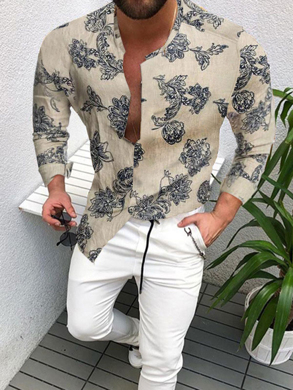 Casual Shirt For Man Jewel Neck Chic Printed Light Brown Men's Shirts ...