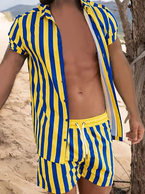 Men's Clothing Men's Activewear | Men's Activewear 2-Piece Stripes Short Sleeves Turndown Collar Yellow - CB60378