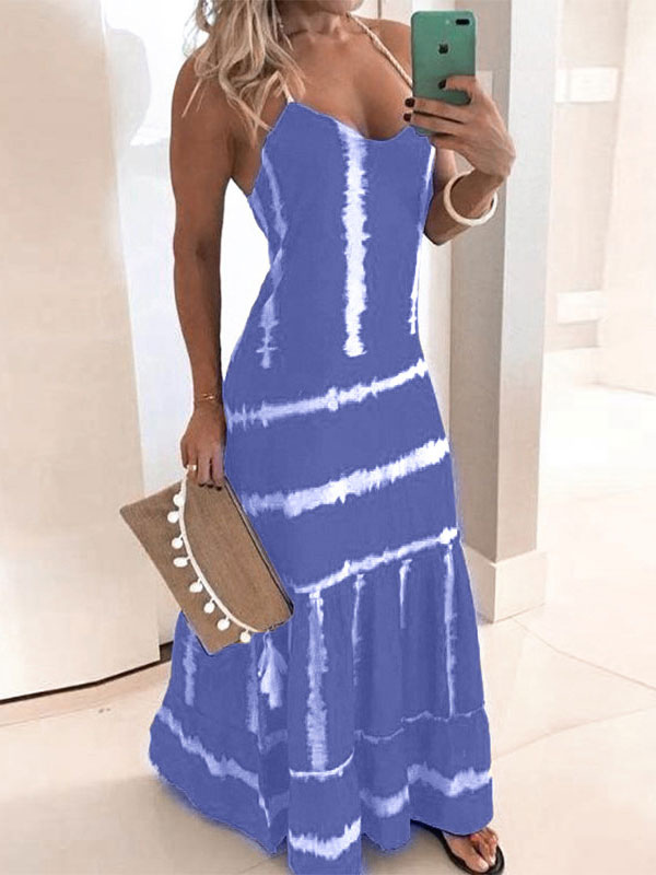 Women's Clothing Dresses | Maxi Dresses Blue Sleeveless V-Neck Polyester Summer Long Dress - HC87655