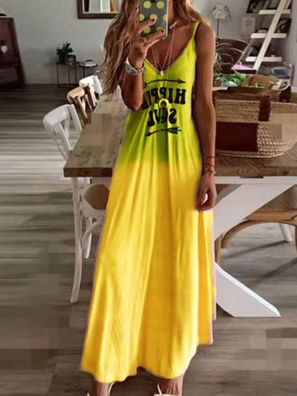 Women's Clothing Dresses | Maxi Dresses Sleeveless V-Neck Sleeveless Polyester Yellow Summer Long Dress - KU46032