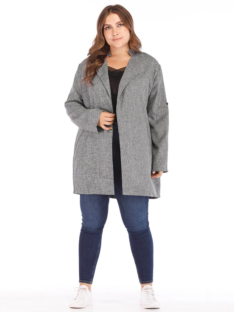 Plus Size Coat For Women Grey Long Sleeves Cotton Polyester Stand ...